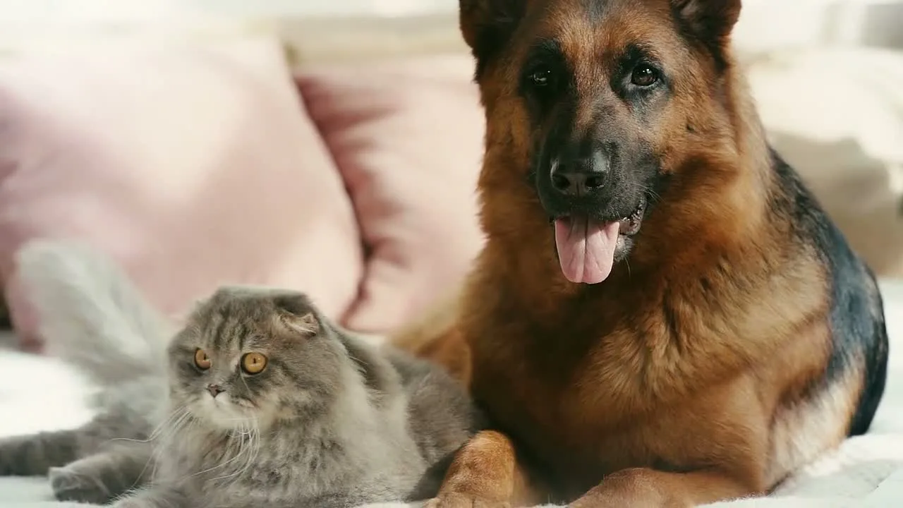 Cão e gato descansando juntos em uma cama